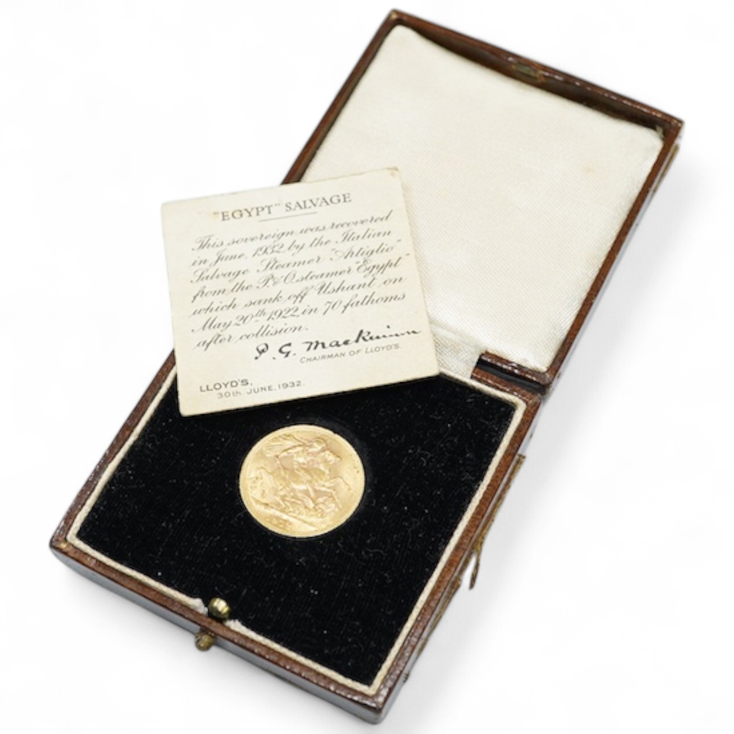 British gold coins, George V, gold sovereign, 1912, VF, in case with certificate stating the sovereign was recovered in June 1932 by the Italian salvage steamer ‘Artiglio’ from the P & O steamer ‘Egypt’ which sank off Us
